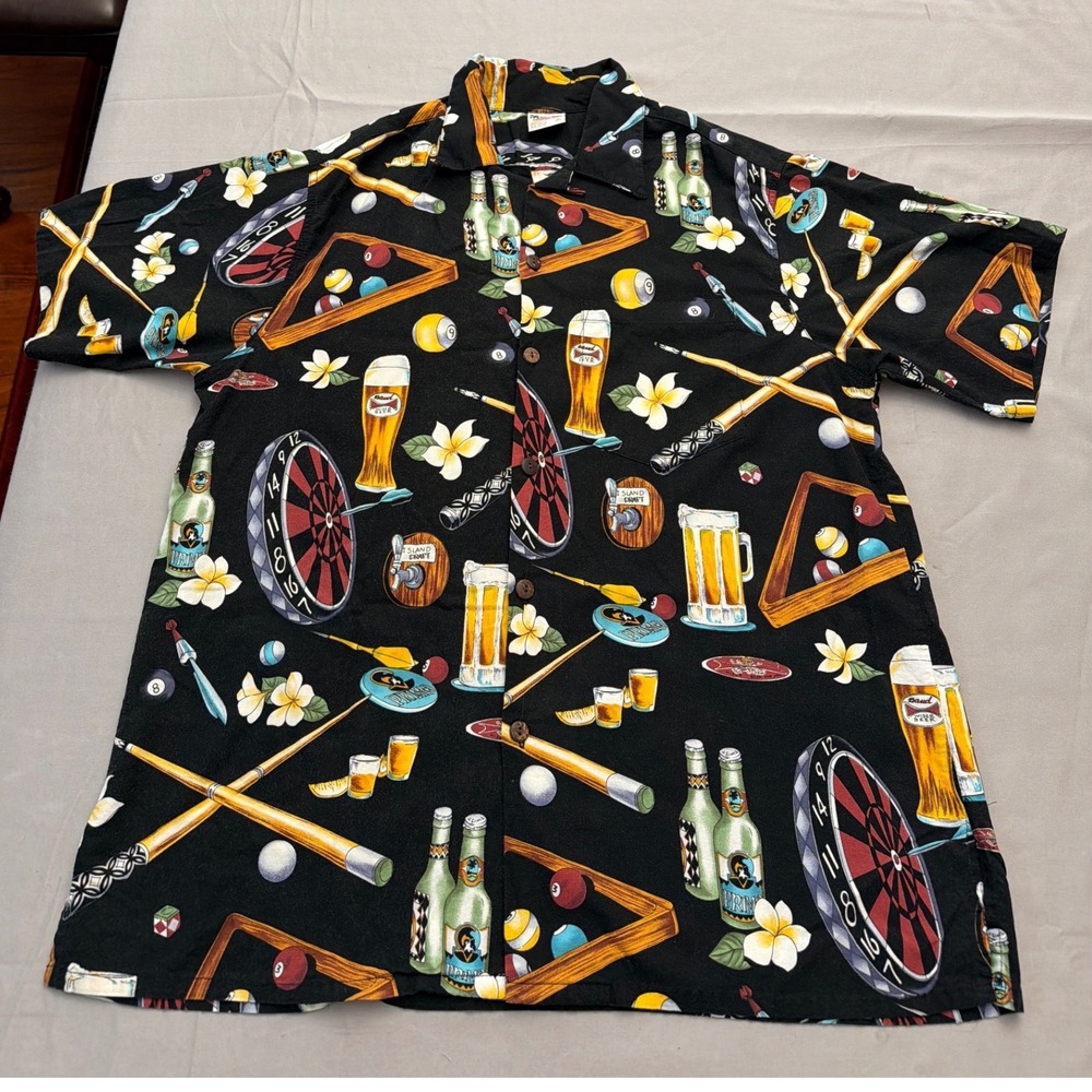Go Barefoot Mens XL Hawaiian Shirt Billiards Darts Beer Novelty Print Black